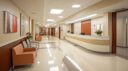 Interior hospital corridor with bright lighting, modern architecture, and sleek furniture, offering a clean and organized healthcare environment
