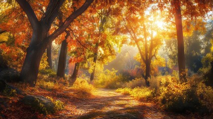 "Showcase a stunning real picture for the Autumn Equinox, capturing the vibrant colors of fall foliage under soft, golden sunlight, with a serene, balanced landscape 