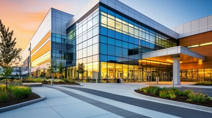 Fototapeta premium Modern hospital building exterior with sleek architecture, clean lines, and large glass windows, capturing the essence of healthcare design
