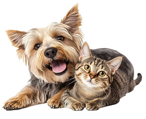 A cute and playful mixed breed terrier dog and a tabby cat laying together with happy expressions. Extracted on transparent background.