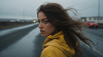 A woman with long hair is standing on a wet road in a yellow jacket