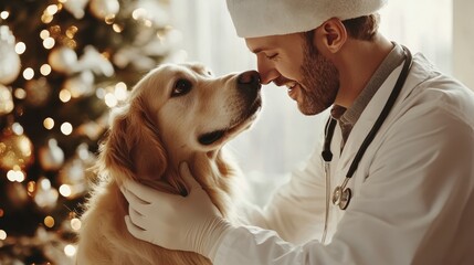 Veterinarian conducts dog examination amid christmas decor and a bright, inviting background