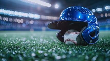 A baseball helmet and a baseball on the grass in a stadium.