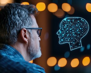 Man observing digital AI head interface with lights in background.