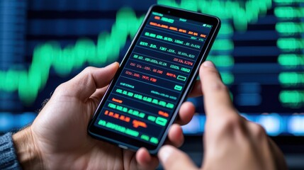 Person analyzing stock market data on smartphone screen.