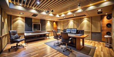 A professionally designed room, with a wooden floor, acoustic panels, a digital keyboard, and a desk with two monitors, ready for creating music