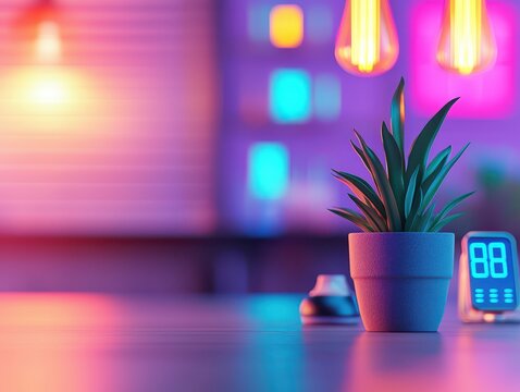 Vibrant indoor plant with decorative lighting, modern aesthetic, and digital clock.