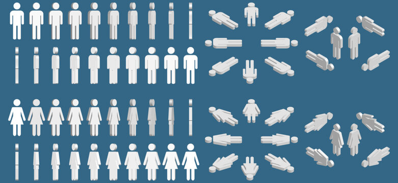 Man and woman isometric icons. Set of vector symbols for rotation animation or 3D design. Symbols for men's and women's rooms - toilets and changing rooms. Isometric symbols of human.