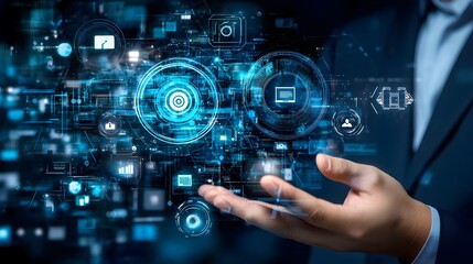 Hand Holding Futuristic Digital Interface with Technology Icons