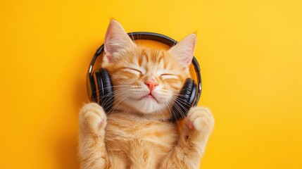 Cute ginger cat listening to music with headphones on yellow background.