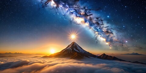 A Majestic Mountain Peak Illuminates a Sea of Clouds, With a Starry Sky and the Milky Way Reflecting its Glow