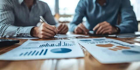 Business professionals analyzing financial charts and graphs in a meeting. Collaborative teamwork and data analysis concept.