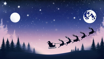 Naklejka premium Night Sky with Santa’s Sleigh and Reindeer Silhouettes