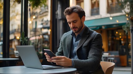Fototapeta premium Man using his smartphone and laptop in a cafe