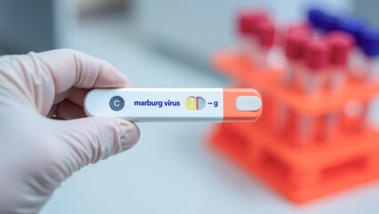 Obraz premium Diagnostic test for Marburg virus held by gloved hand, laboratory analysis, medical research, epidemic prevention, virus detection concept