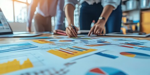 Obraz premium Business team analyzing financial data and charts in a modern office. Hands pointing at graphs and discussing new strategies.