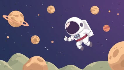 Naklejka premium Astronaut Floating in Space with Planets and Stars