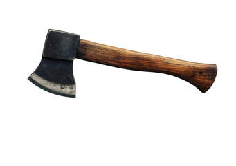 Old axe with wooden handle, in a tree stump, isolated backdrop.