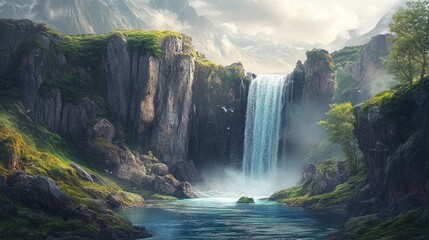 Naklejka premium Majestic Waterfall in a Mountain Valley