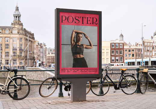 Mockup Of Vertical Customized Poster And Bikes On Railing