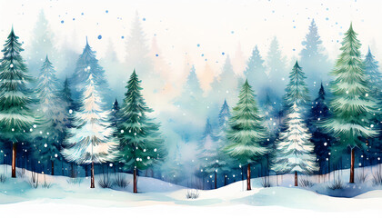 Naklejka premium Snowy Forest with Pine Trees and Falling Snow