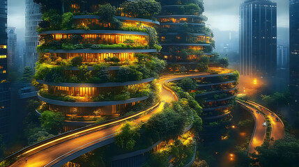 Futuristic Green City Buildings with Winding Roads and Lush Greenery Illustration