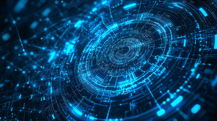 abstract tech background with neon-lit circuit boards, wires, and microchips, set against a dark, gradient blue background.