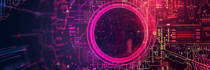 abstract tech background with neon-lit circuit boards, wires, and microchips, set against a dark, gradient blue background.