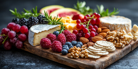 A luxurious cheese board filled with different types of cheese, fruits, nuts, and crackers arranged beautifully.