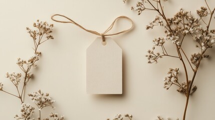 A blank white tag with twine tied around it, surrounded by sprigs of dried baby's breath on a cream-colored background.