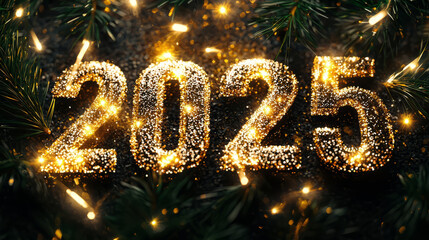 New Year 2025 with gold and silver glitter