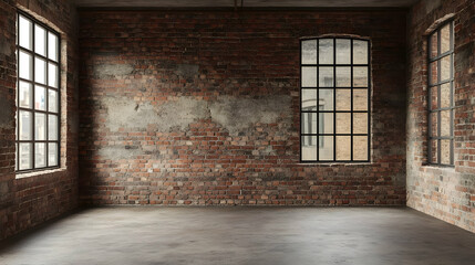 Fototapeta premium Empty Industrial Room Features Exposed Brick Walls with Large Windows and Concrete Floor
