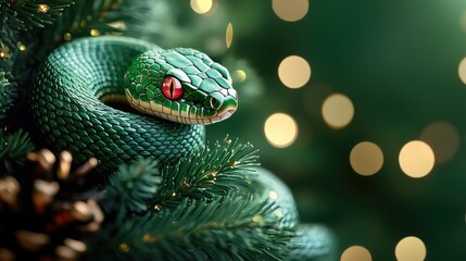 Fototapeta premium Enchanting Green Fantasy Snake with New Year’s Tree Decorations on a Gradient Background, Ideal for Celebration Themes and Festive Designs
