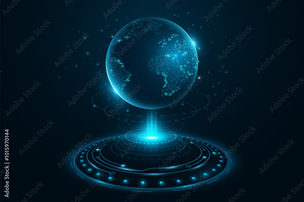 Poster futuristic planet earth hologram with dynamic hud circles. digital map of glowing dots. sci-fi and h