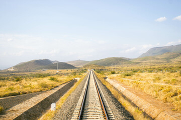 Fototapeta premium A view of a railway line passing through the countryside.