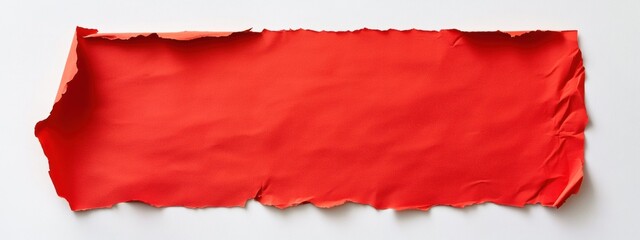 Obraz premium Torn Red Paper on White Background, vibrant red sheet with a rugged left edge, centered for text placement, minimalist design, striking contrast