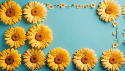 Pastel yellow daisies arranged in a gentle square, with hints of soft sky blue. springtime freshness background with copy space white and yellow floral frame.