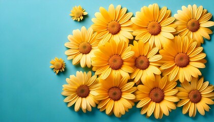 Obraz premium Pastel yellow daisies arranged in a gentle square, with hints of soft sky blue. springtime freshness background with copy space white and yellow floral frame.