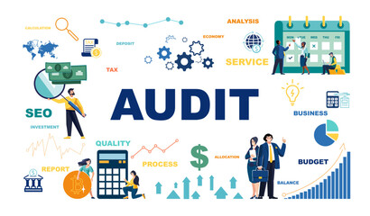 Audit is the study of records and transactions to assess their accuracy. Business people. Designing business processes and finances. Set, icons, infographics. Sign, money, dollars. Vector illustration