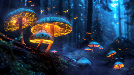 Glowing mushrooms on bark in dark forest with fireflies