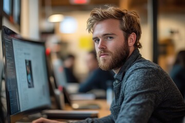 Fototapeta premium Focused young professional working at a computer in a modern office environment, demonstrating concentration and productivity.