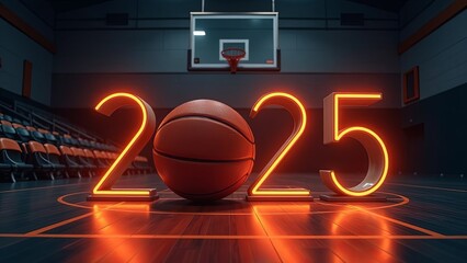 basketball ball with orange glowing letter 2025 on a basketball hall background, 2025 new year sport concept. 