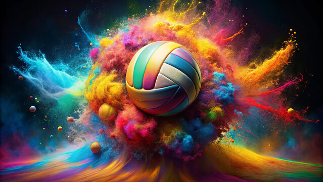 vibrant volleyball surrounded by colorful explosion of paint and powder creates dynamic and energetic scene. vivid colors evoke excitement and movement, perfect for sports enthusiasts