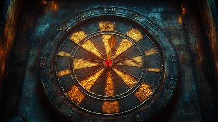 Obraz premium Single dart piercing the bullseye of a worn-out dartboard, bathed in dramatic lighting, symbolizes the concept of success and achieving goals