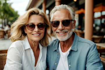Mature couple posing with sunglasses smiling in a loving attitude