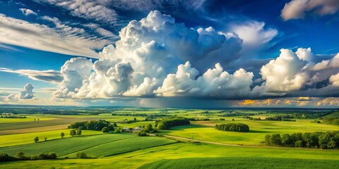 Obraz premium Brilliant high clouds loom over verdant fields, painting a picturesque rural landscape that captivates with its natural beauty and inspires a sense
