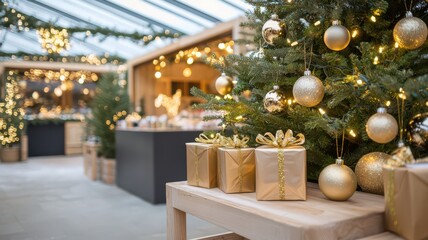 Christmas tree adorned with sparkling baubles and shimmering garlands, prominently displayed in a cozy holiday shop at a bustling winter market.