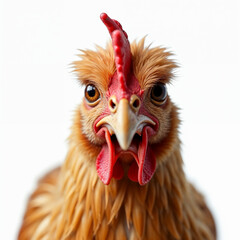 Close-up of an angry and surprised chicken with a funny expression isolated on a white background