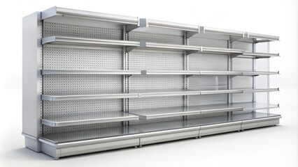 Showcase for a supermarket with shelf limiters and topper. . Isolated, supermarket, showcase, shelf limiters, topper,