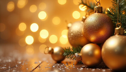 Fototapeta premium Golden Christmas ornaments on wooden table with sparkling bokeh background